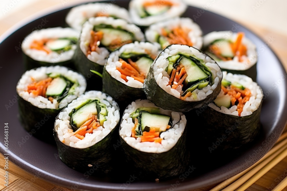 Kimbap or sometimes spelled gimbap means seaweed and rice Food photography