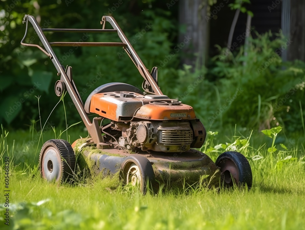 Fototapeta premium Defunct lawn mower in a grassy yard: a tale of mechanical demise