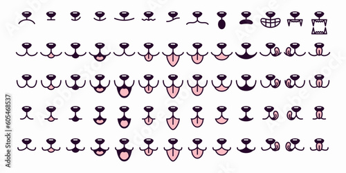 Vector Dog Face Design Elements, Different Emotions. Dog Mouth, Tongue, Nose Isolated. Dog or Cat Face with Closed and Opened Mouth Icons Closeup Set, Collection for Vet Logo, Emblem, Pet Care, Canine