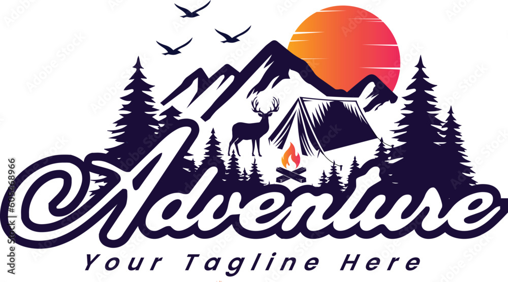 mountain adventure logo, adventure sunset, adventure hiking logo, mountain travel man, mountain peak logo