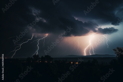Vivid lightning in the dark sky. Generative AI