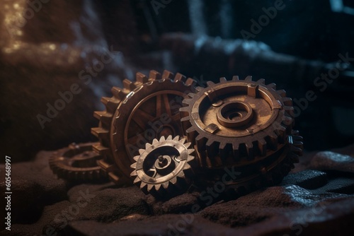 Mechanical gear wheels set on a fantastic steampunk background. Generative AI