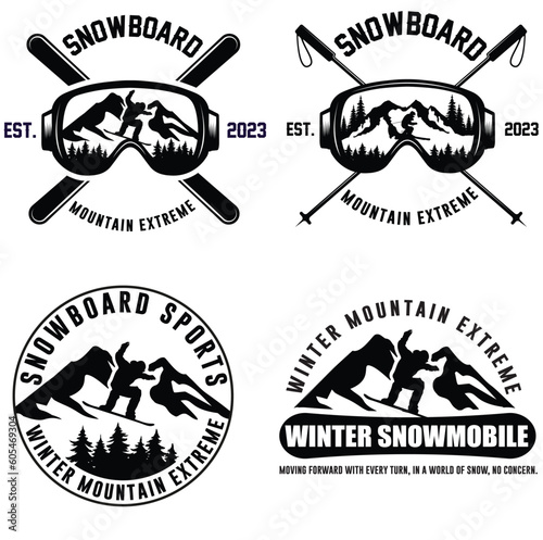 snowboarding emblem, snowboard glasses,mountain snowskate, ski and Snowboard, snowboard sports logo vector