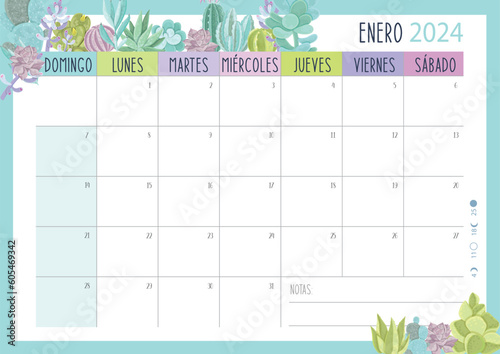 Calendario Planificador 2024 en Español - Tamaño A4 - Mes de Enero	
