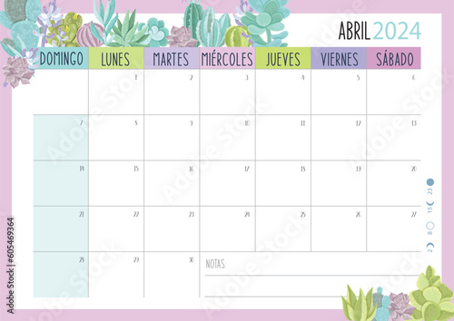 Calendario Planificador 2024 en Español - Tamaño A4 - Mes de Abril	