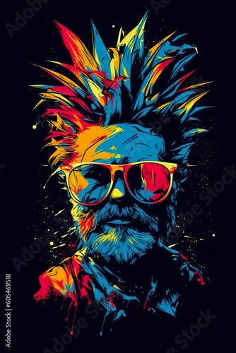 A man with a mohawk and sunglasses. Generative AI. Vibrant T-shirt design.