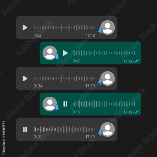 Set voice messages icon with sound wave for social media. Sms template bubbles for compose voice dialogues. Dark interface design. Vector illustration on a white background.