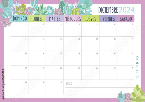 Calendario Planificador 2024 en Español - Tamaño A4 - Mes de Diciembre