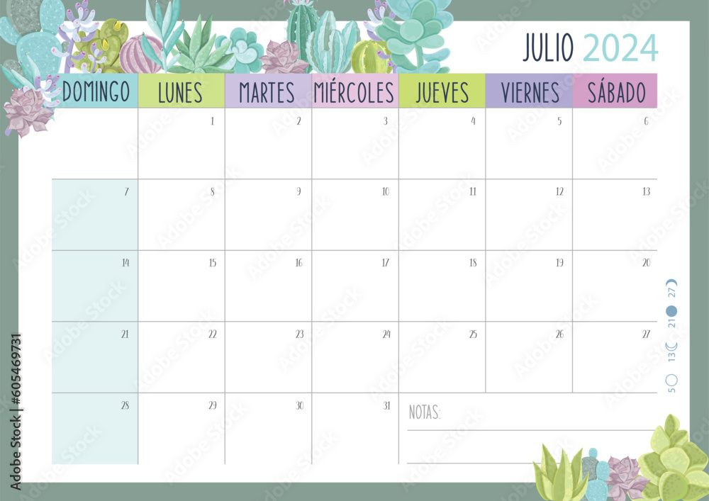 Calendario Planificador 2024 en Español Tamaño A4 Mes de Julio