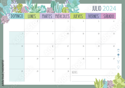 Calendario Planificador 2024 en Español - Tamaño A4 - Mes de Julio