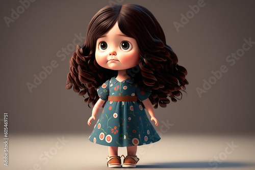 Cute little cartoon girl isolated on dark background with copy space. The character is a baby girl in a blue dress with long black curly hair. Generative AI 3d render imitation.