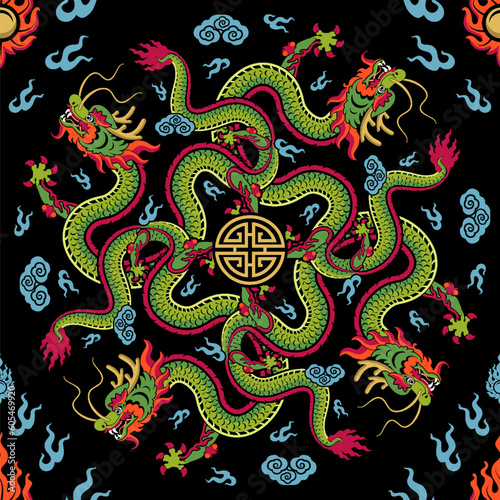 Seamless pattern happy chinese new year 2024 the dragon zodiac sign with asian elements paper cut style on color background. ( Translation : happy new year 2024 year of the dragon )