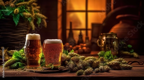 Glass of beer on wooden rustic table with hop cones created with Generative AI
