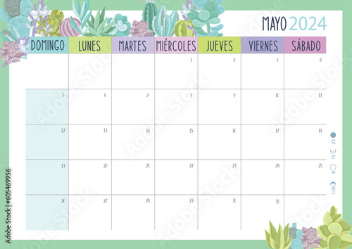 Calendario Planificador 2024 en Español - Tamaño A4 - Mes de Mayo