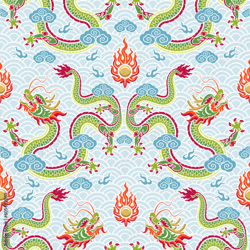 Seamless pattern happy chinese new year 2024 the dragon zodiac sign with asian elements paper cut style on color background.   Translation   happy new year 2024 year of the dragon   