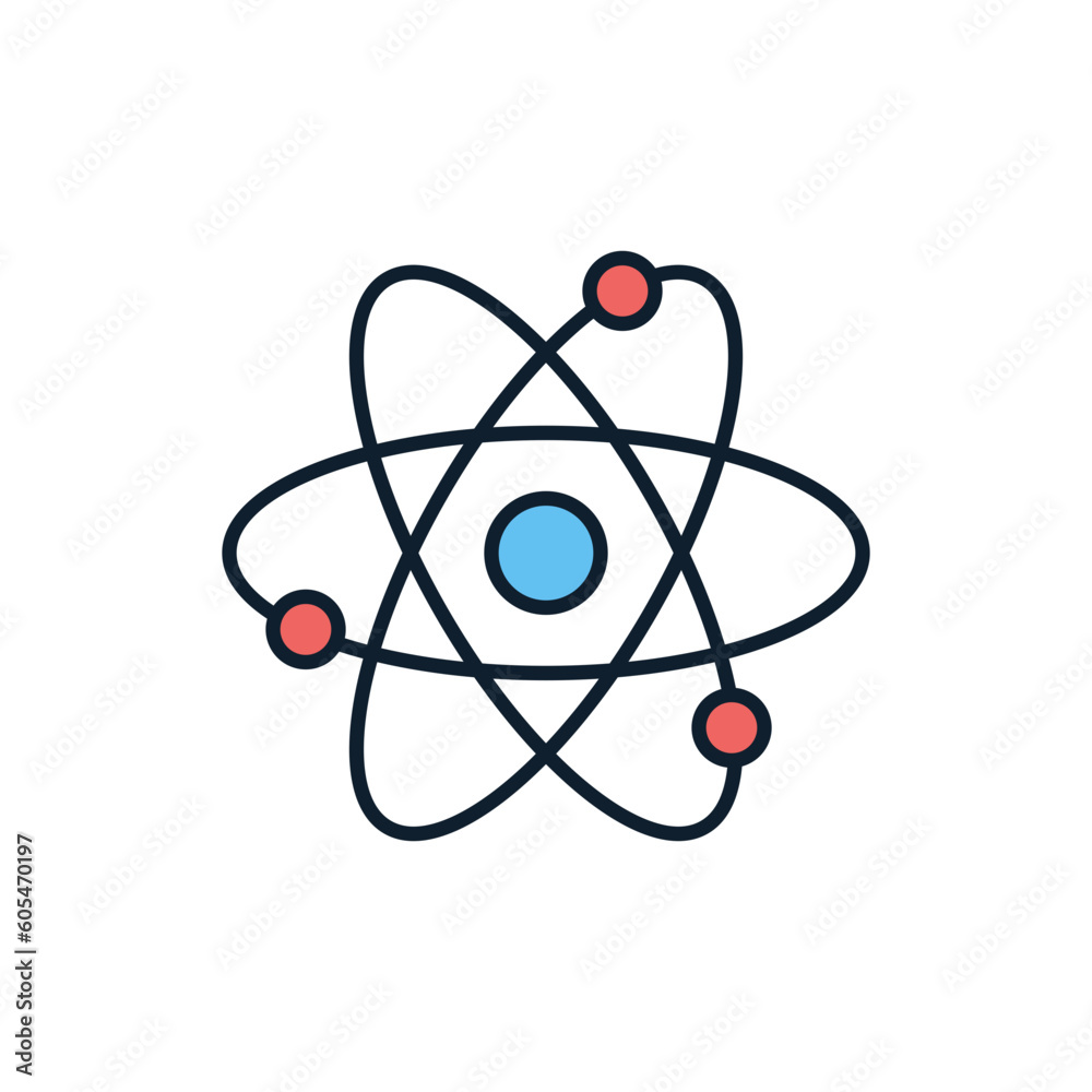 Atom related vector line icon. Nuclear energy source. Science symbol. Atomic structure model. Electrons, neutrons and protons. Atom core elements. Nuclear matter and power. Vector illustration Atom related vector line icon. Nuclear energy source. Science symbol. Atomic structure model. Electrons, neutrons and protons. Atom core elements. Nuclear matter and power. Vector illustration