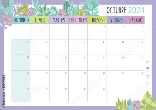 Calendario Planificador 2024 en Español - Tamaño A4 - Mes de Octubre