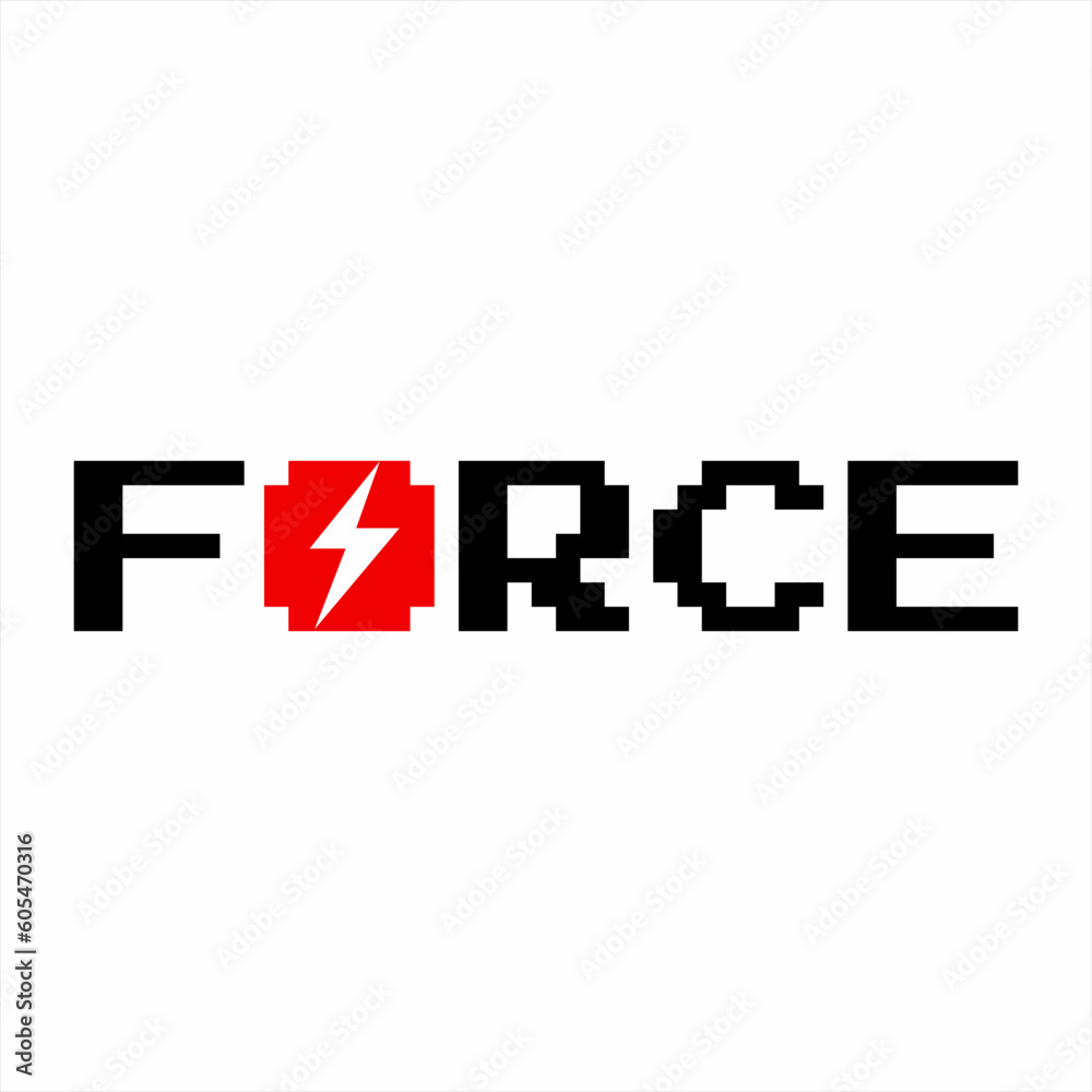 Force letter logo design illustration in pixel style. Isolated on a white background. Force logo design with lightning on letter O. Can be used for t-shirt design. Force letter logo design illustration in pixel style. Isolated on a white background. Force logo design with lightning on letter O. Can be used for t-shirt design.