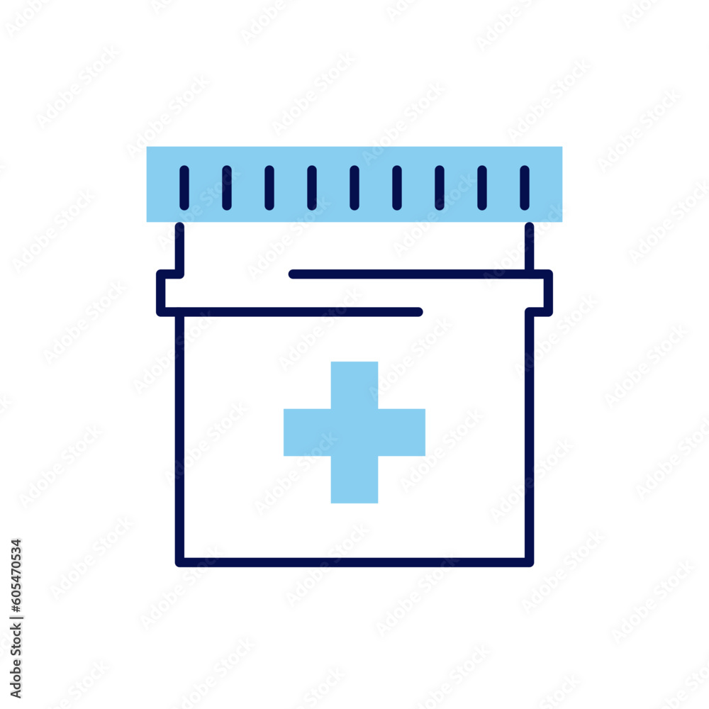 Obraz premium Pills Tube related vector line icon. Medical cross, container, bottle. Isolated on white background. Vector illustration. Editable stroke