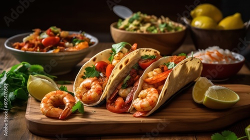 Wallpaper Mural Traditional Mexican tacos with shrimp and vegetables on a wooden board served with sauces. Generative AI Torontodigital.ca