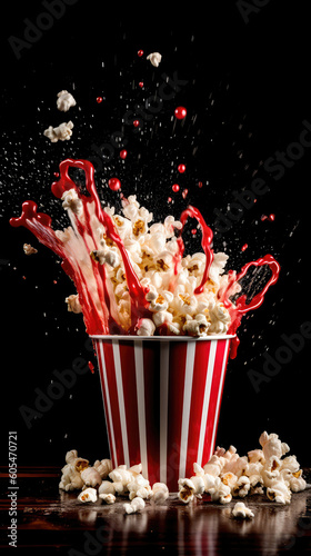 Red and white striped popcorn bucket  on a dark romantic background  with a stream of hot buttery popcorn falling out of the bucket and spilling onto the surface below. Generative AI