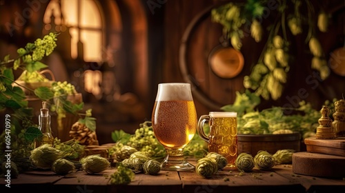Glass of beer on wooden rustic table with hop cones created with Generative AI