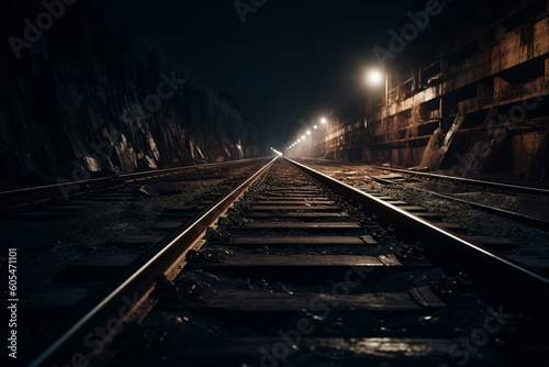 3D model of a long railway line in the dark. Generative AI