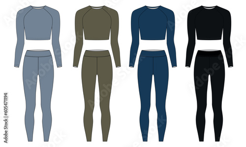 Collection of vector drawings of jersey sportswear for women. Sketch of women's leggings and longsleeves in blue, olive, blue and black. Set of sport suit templates for cycling, fitness and gym.