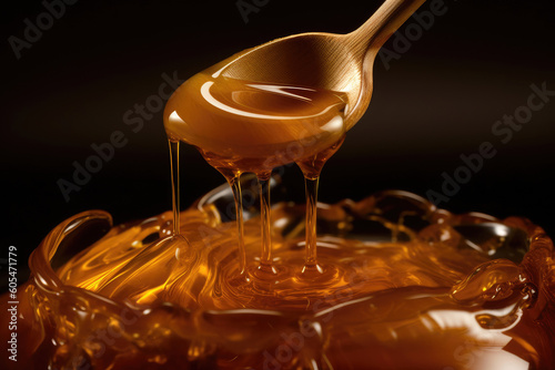 Close-Up Shot of Golden, Viscous Honey - Sweet and Sticky Honey Close-Up - Generative AI
