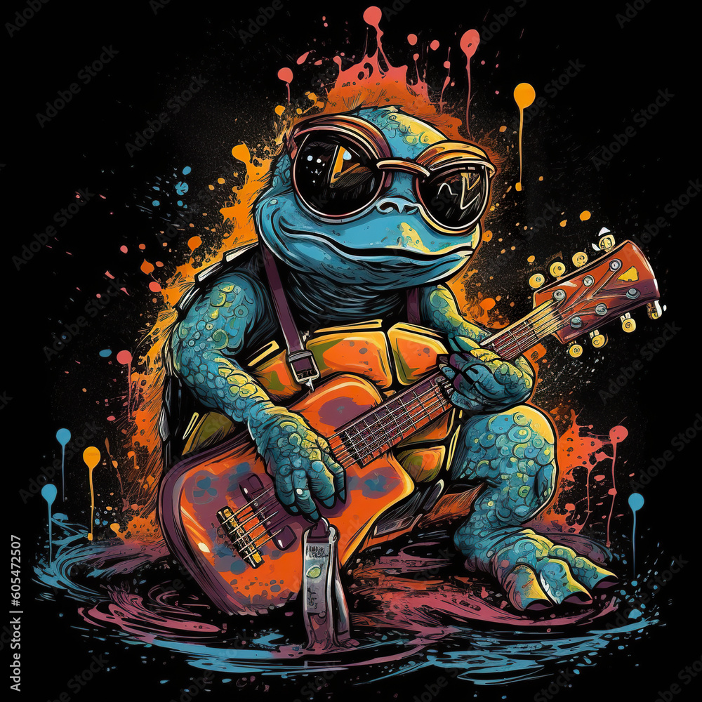 A frog with sunglasses playing a guitar. Generative AI.