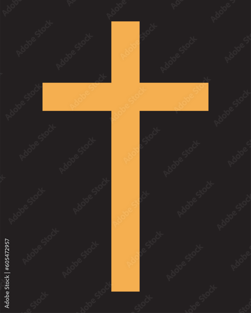 Golden or wooden christian cross isolated on a black background. A symbol of the love of Jesus. God vector illustration. Catholic symbol flat vector, gold cross. Christian cross symbol icon.
