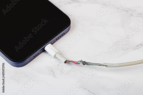 Close up of broken Phone charger cable