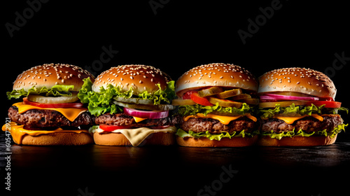 Four big juicy hamburgers with patty, vegetables, sauce and cheese. Studio shooting. Generative Ai