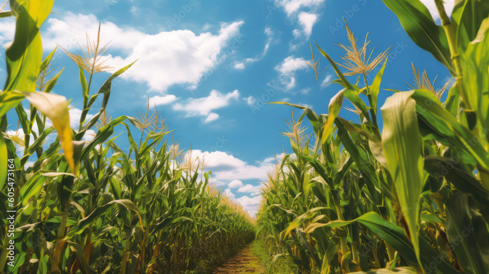 cornfield. even rows of corn on the farm. Generative AI 