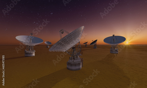 Antennas of radio telescopes against the background sunset sky. Elements of this image furnished by NASA. 3D render illustration.