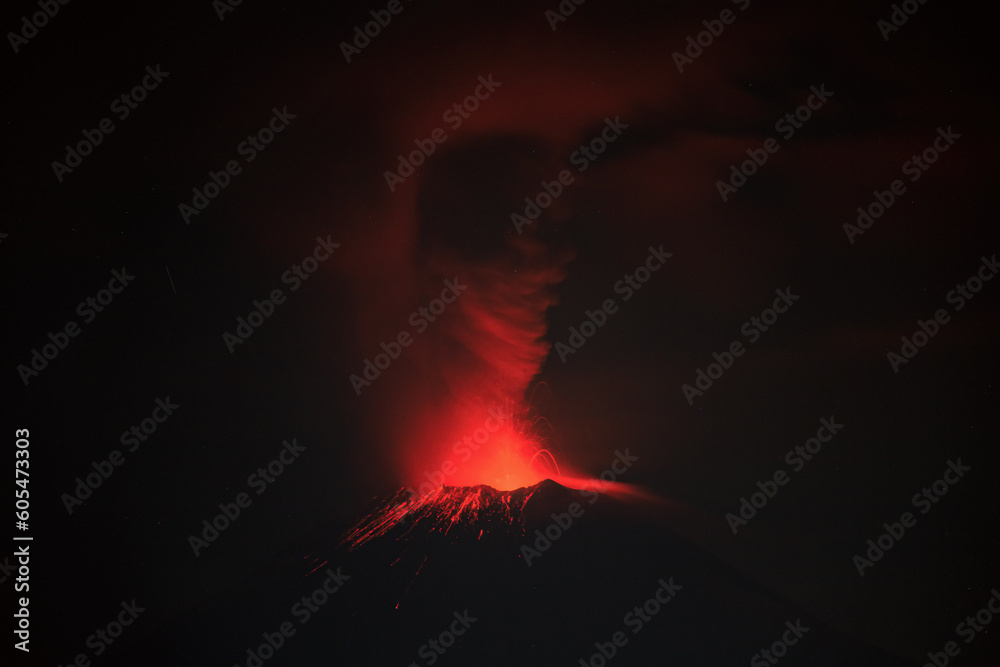 Popocatepetl Volcano Crater Eruption Seen from Puebla, Mexico