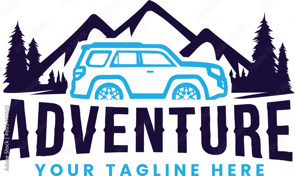 Obraz premium off road logo, adventure logo, off road mountain logo, mountain travel, mountain silhouette with off road trucking premium logo design vector