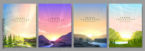 Vector illustration. A set of landscapes in a flat style. Sunrise morning forest, evening sunset scene, misty terrain with slopes, mountains by lake. Design for poster, cover, layout, brochure, flyer photo