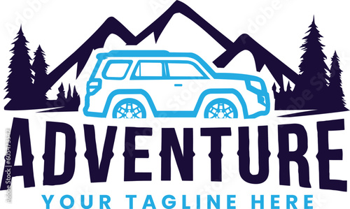 off road logo, adventure logo, off road mountain logo, mountain travel, mountain silhouette with off road trucking premium logo design vector