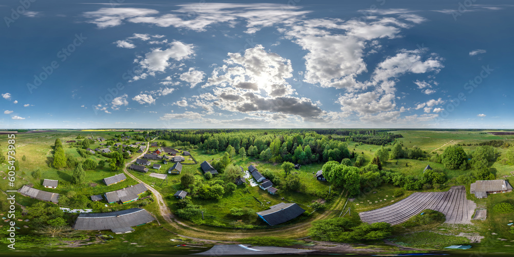 360 hdri panorama view over abandoned eco village in middle of woods in equirectangular spherical projection. for VR AR content