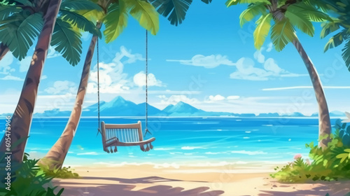 Tropical beach background, summer relax landscape with beach swing or hammock and white sand and calm sea. AI generative © SANGHYUN
