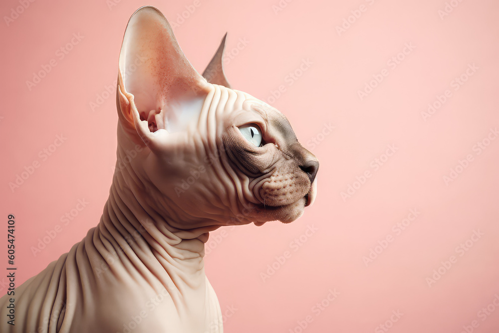 Side Portrait of sphinx cat isolated on pastel pink background with copy space. Template banner of pet store, pet products, veterinary clinic. Cute bald Egyptian kitten. Generative AI photo imitation.