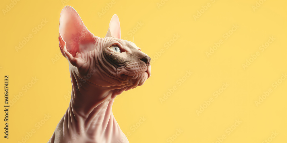 Portrait of sphinx cat isolated on yellow background with copy space. Template banner of pet store, pet products, veterinary clinic. Cute bald Egyptian cat. Generative AI photo imitation.