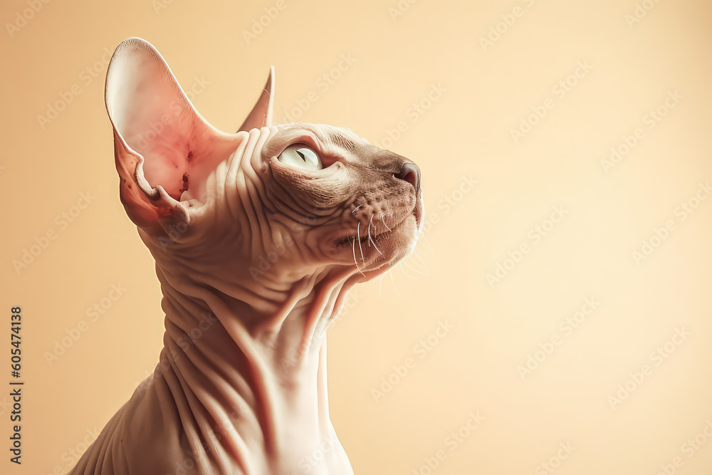 Portrait of adult sphinx cat isolated on pastel beige background with copy space. Template banner of pet store, pet products, veterinary clinic. Cute bald Egyptian cat. Generative AI photo imitation.