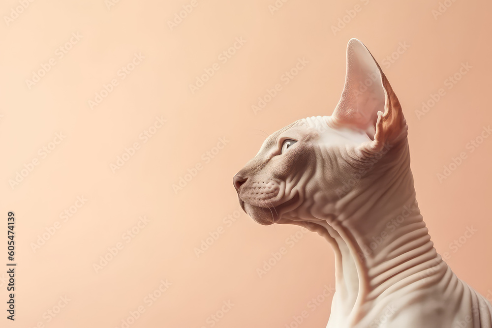 Side view Portrait of sphinx cat isolated on pastel beige background with copy space. Template banner of pet store, pet products. Cute bald Egyptian cat. Generative AI photo imitation.