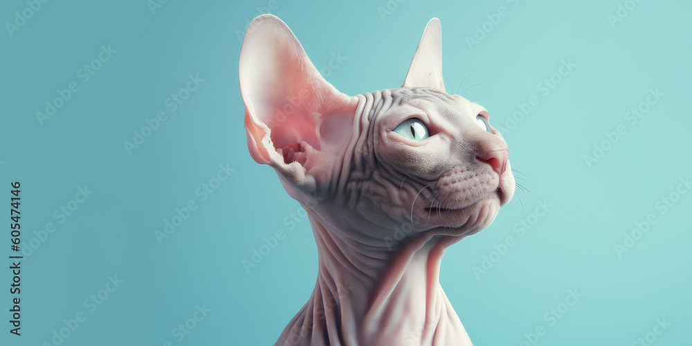 Portrait of sphinx cat isolated on pastel blue flat background with copy space. Template banner of pet store, pet products, veterinary clinic. Cute bald Egyptian cat. Generative AI photo imitation.