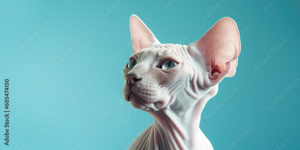 Portrait of small sphinx cat isolated on pastel blue background with copy space. Template banner of pet store, pet products, veterinary clinic. Cute bald Egyptian cat. Generative AI photo imitation.