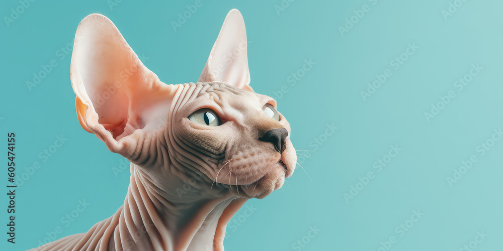 Portrait of sphinx cat isolated on pastel blue background with copy space. Template banner of pet shop, pet products, veterinary clinic. Cute bald Egyptian cat. Generative AI photo imitation.