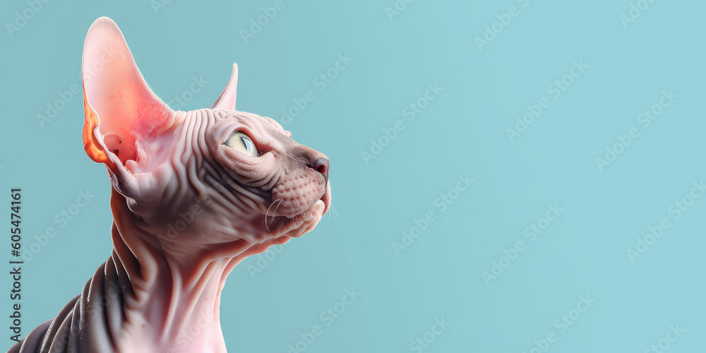Portrait of pretty sphinx cat isolated on pastel blue background with copy space. Template banner of pet store, pet products, veterinary clinic. Cute bald Egyptian cat. Generative AI photo imitation.