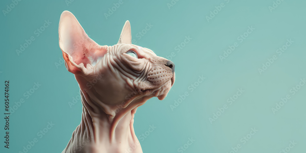 Portrait of young sphinx cat isolated on pastel blue background with copy space. Template banner of pet store, pet products, veterinary clinic. Cute bald Egyptian cat. Generative AI photo imitation.